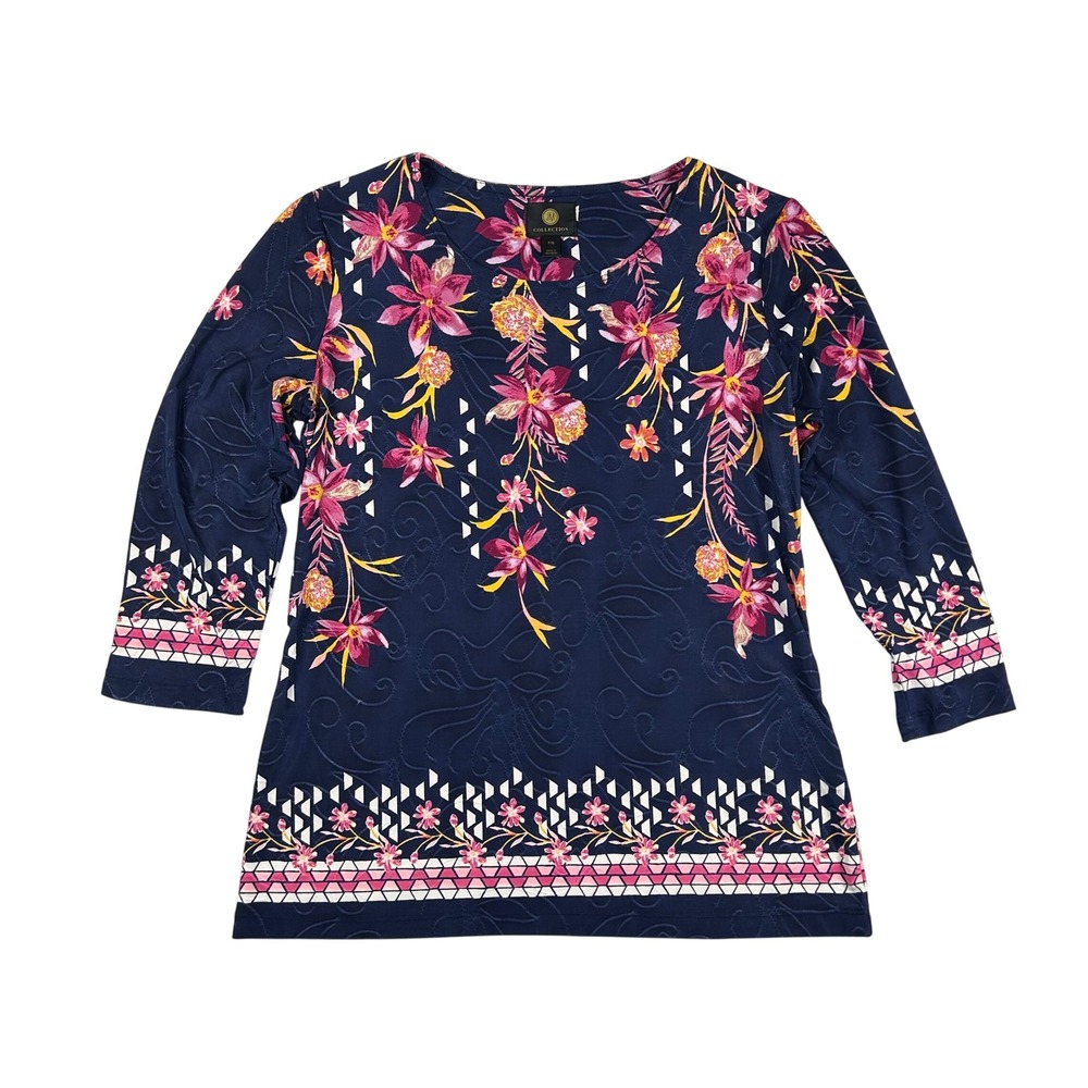 JM Collection Womens Petite PS Navy Floral Embroidered 3/4 Sleeve Blouse Top‎